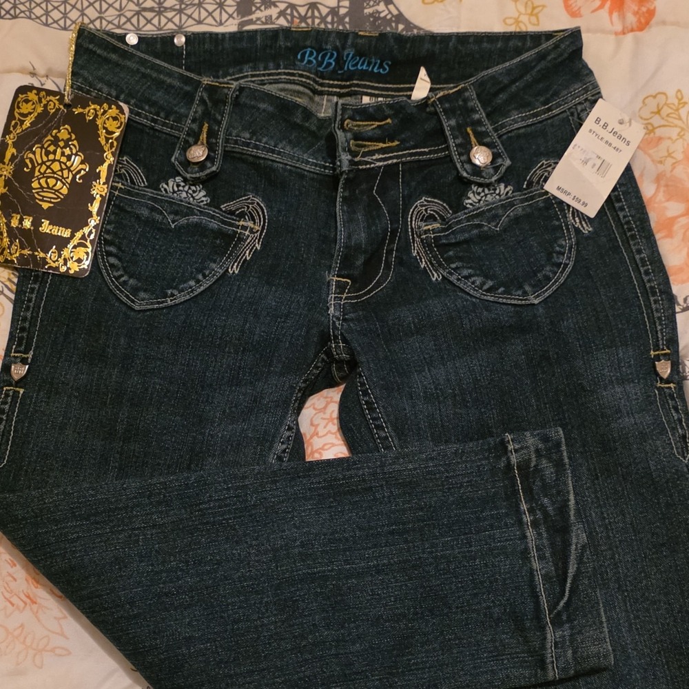 BB Jeans Dark Blue Embroidered Denim Jeans Button Zip Pockets